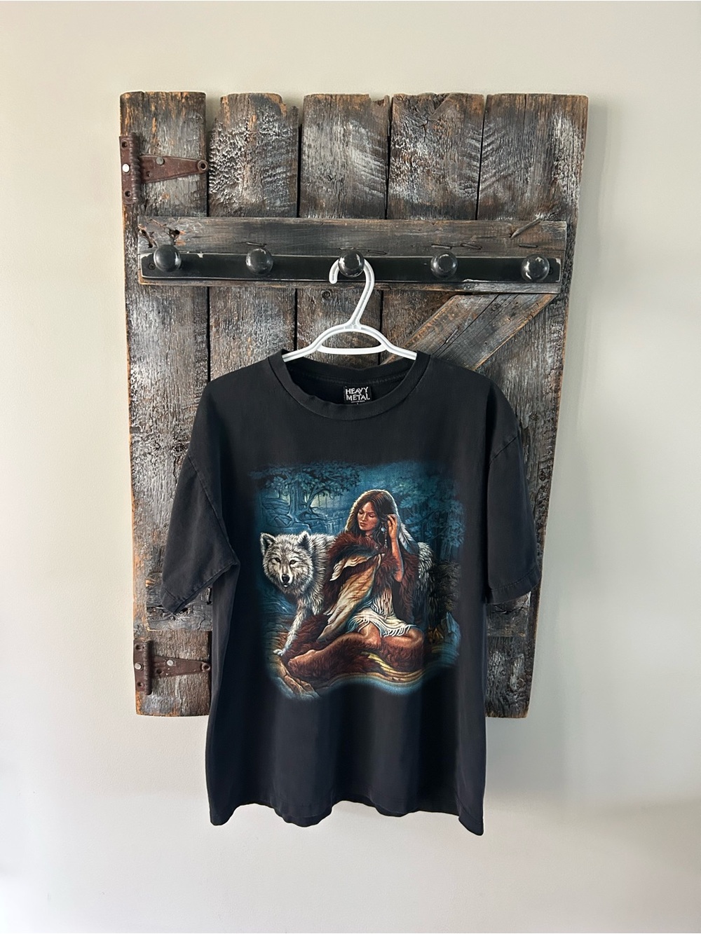 Men's Vintage Heavy Metal Black Native Woman & Wolf Graphic T-Shirt by